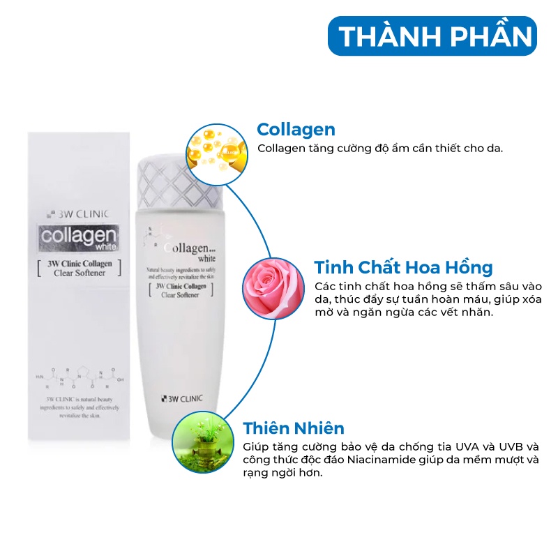 Nước hoa hồng dưỡng trắng da chiết xuất từ Collagen 3W Clinic Hàn Quốc 150ml