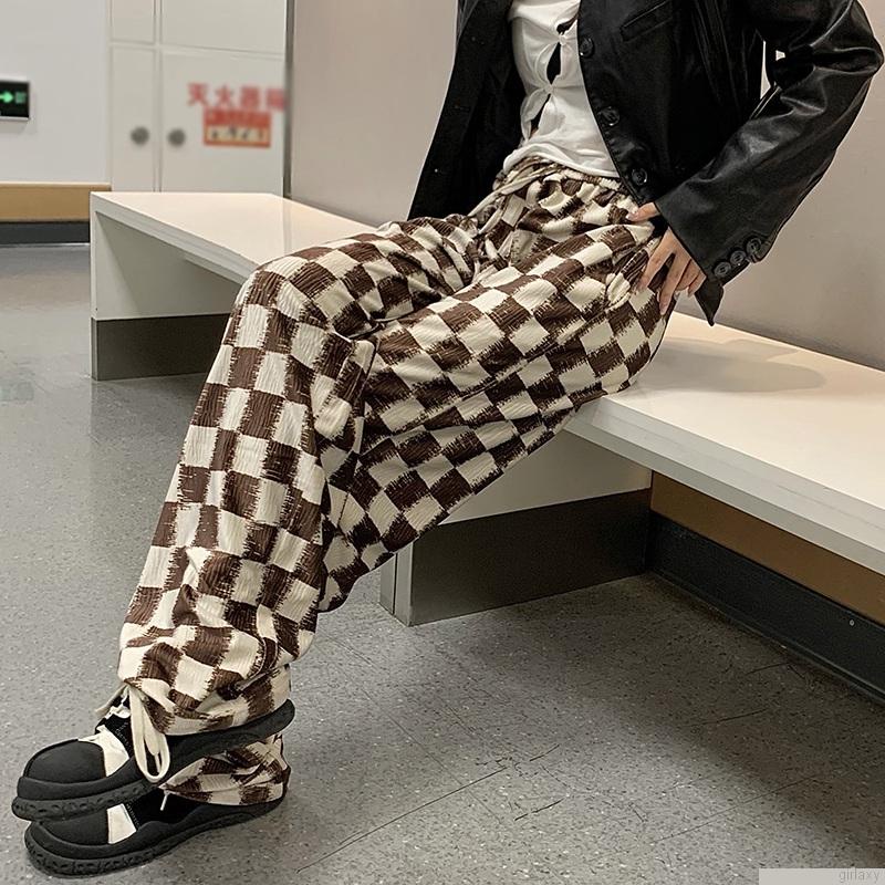 Quần dài ống rộng họa tiết kẻ ca rô trẻ trung cho nữ