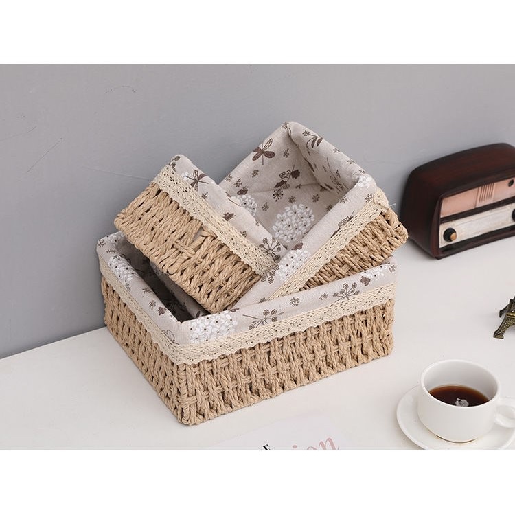 Giỏ cói vintage có vải lót hình chữ nhật, giỏ đi picnic, trang trí nhà cửa (Giỏ mây mềm lót vải) - Daisy.decor