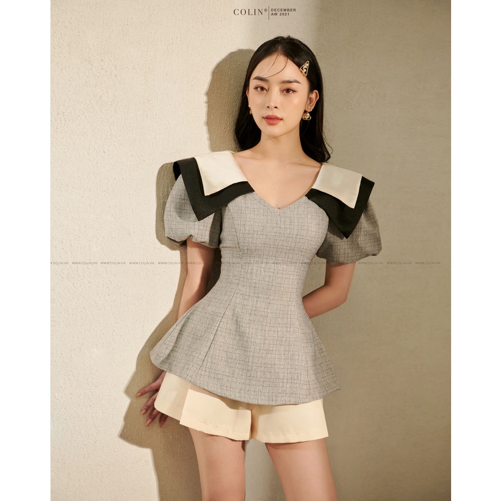 [COLIN CLOTHING] Áo nữ xám gân cổ phi nhám ôm eo tay ngắn phồng