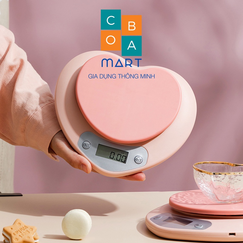 Cân tiểu ly nhà bếp, cân điện tử mini hình Trái Tim, màu hồng siêu xinh 1g - 5kg, Tặng kèm pin AAA