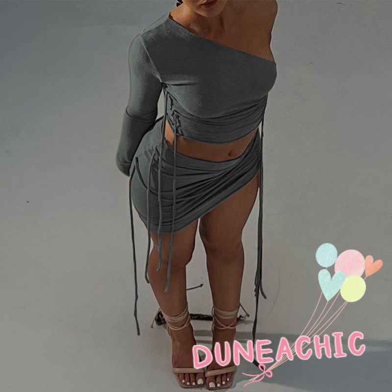 DUNEA Set Áo Croptop Trễ Vai + Chân Váy Bút Chì Thiết Kế Dây Rút Nữ Tính