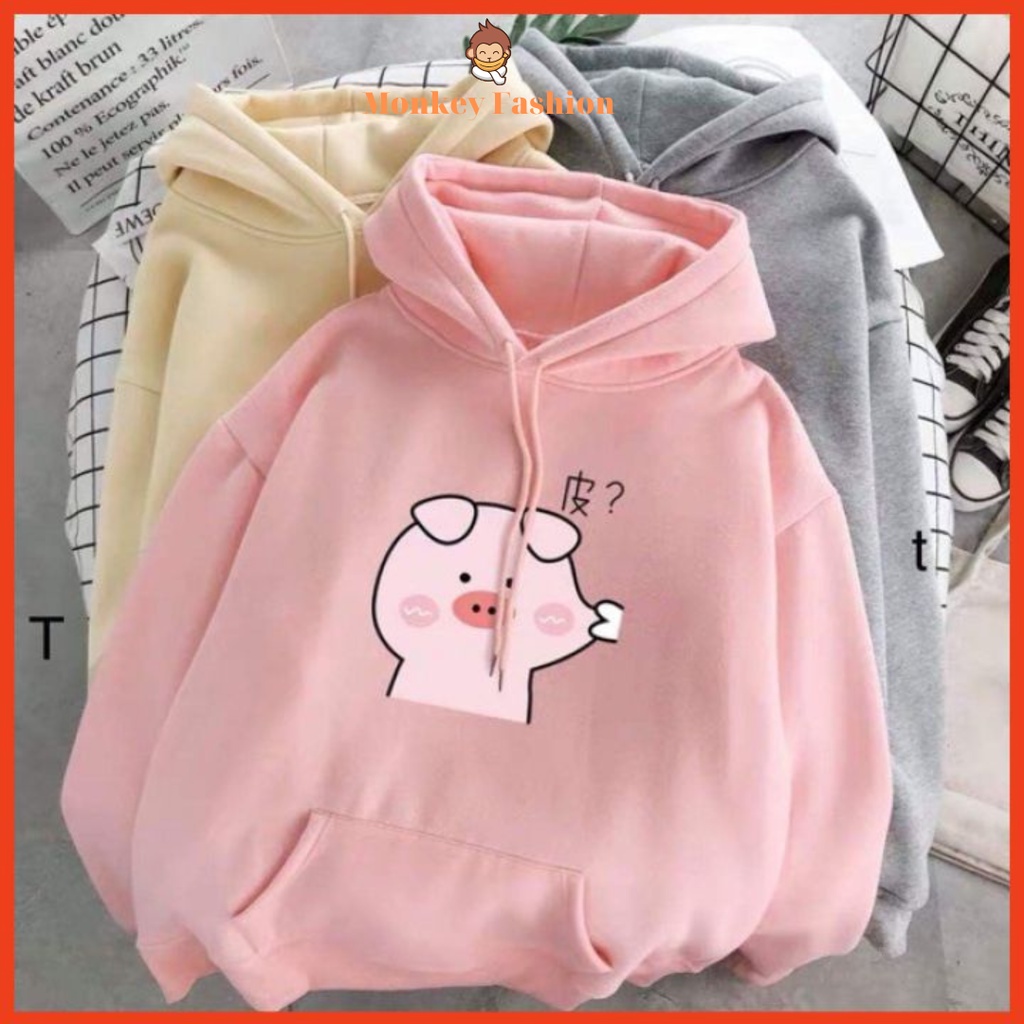 Áo Hoodie Nữ Unisex MONKEY FASHION Có Mũ Siêu Xinh In Lợn Véo Má Đẹp Dễ Phối Đồ
