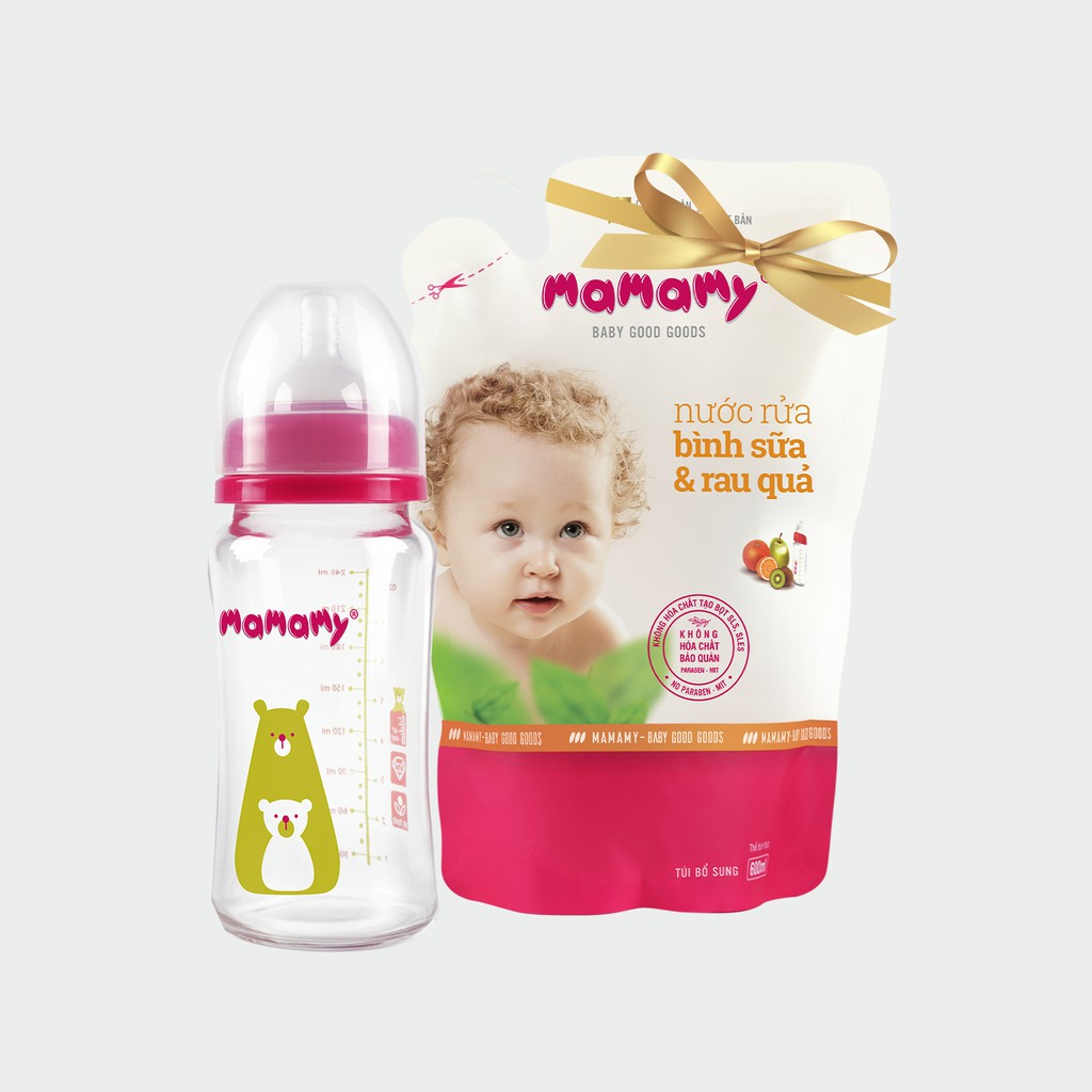 Bình sữa giữ nhiệt thủy tinh cổ rộng Mamamy 240ml - Combo 1 bình tặng 1 túi nước rửa cọ bình sữa, rửa rau quả 600ml