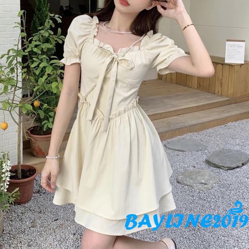 BAY-Women´s Dress, Fungus Trim Decoration Short Sleeve Solid Color Double-Layer High Waist Dresses