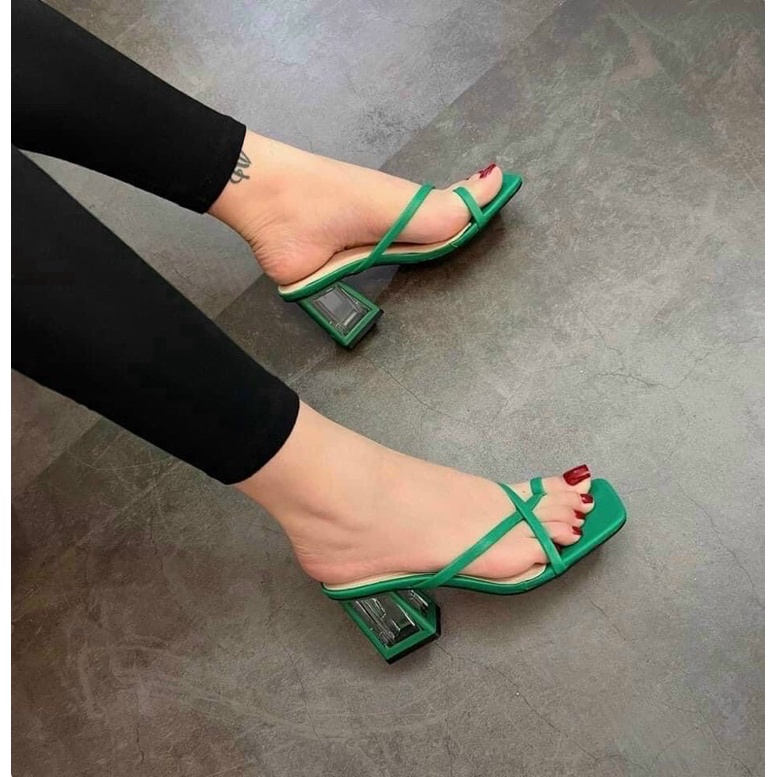 Guốc quai xỏ ngón 7p sang chảnh hàn quốc, Dép cao gót đế pha lê tôn dáng