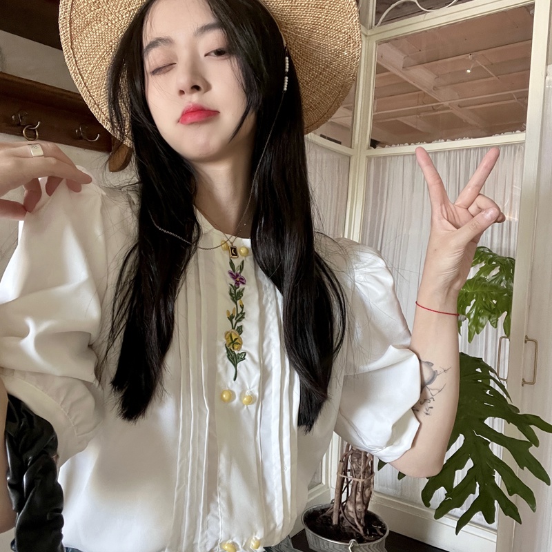 Áo sơ mi SUXI dáng rộng cổ búp bê thêu họa tiết phong cách Hàn Quốc thời trang mùa hè cho nữ