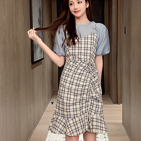 Set Áo Thun Ngắn Tay Và Đầm Yếm Sọc Ca Rô Thời Trang Đáng Yêu Cho Nữ | BigBuy360 - bigbuy360.vn