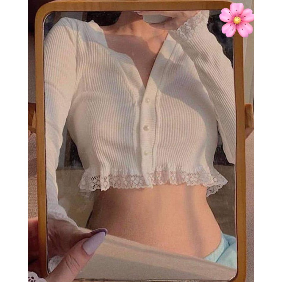 Áo croptop thun tăm phối ren nữ - Crt tay dài cổ V bánh bèo tiểu thư phông trắng ulzzang sexy HOT | BigBuy360 - bigbuy360.vn