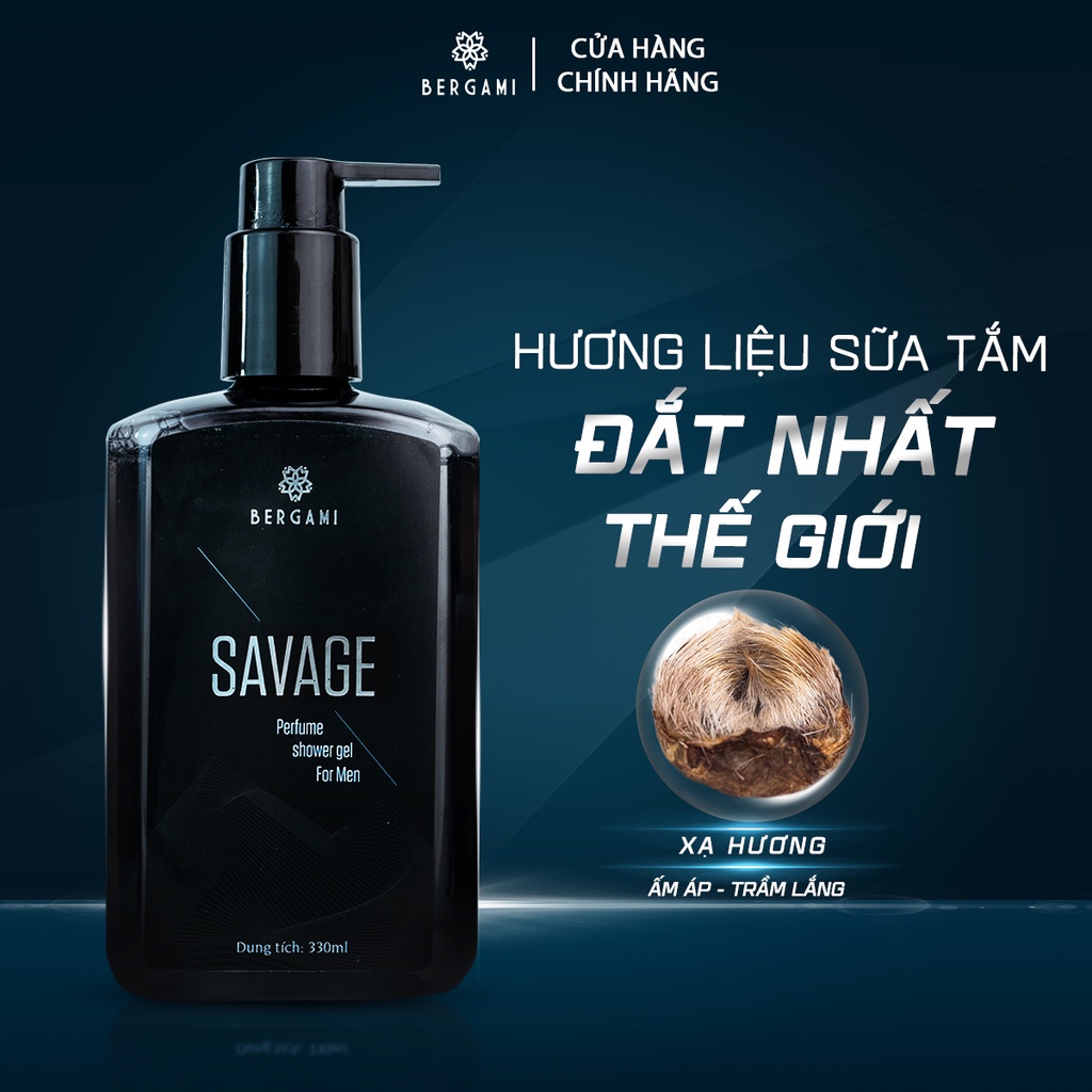 Sữa tắm nam Bergami Savage, sữa tắm nước hoa nam mùi GỖ SỒI sạch sâu, dưỡng da tự tin thể hiện bản lĩnh 330ml