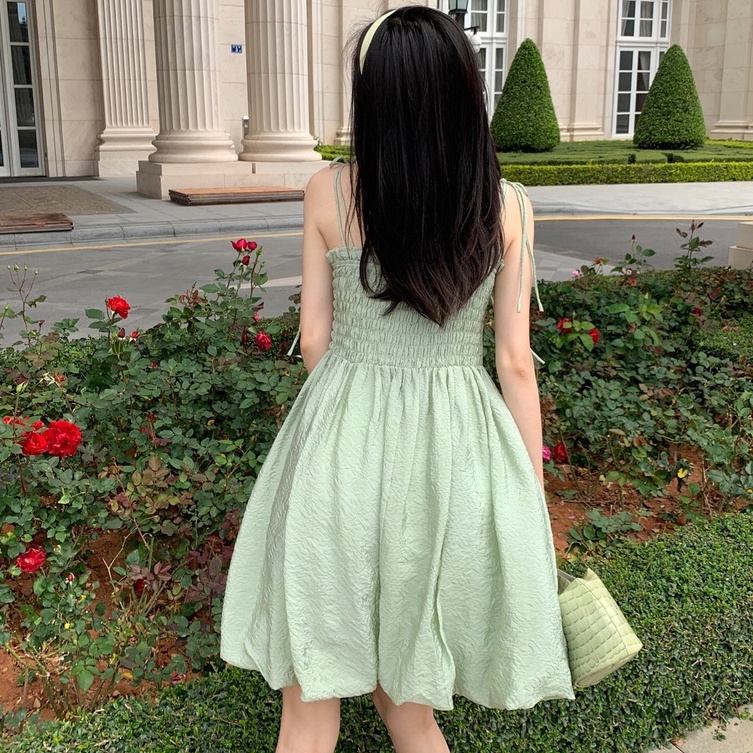 V001 Váy hai dây thắt nơ chun ngực viền bèo Ulzzang dáng xòe xinh xắn đầm voan mềm  Hàn Quốc cá tính phong cách