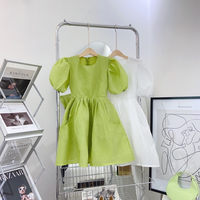 ĐẦM BBD XƯỢC XỐP TAY BỒNG CỔ TRÒN