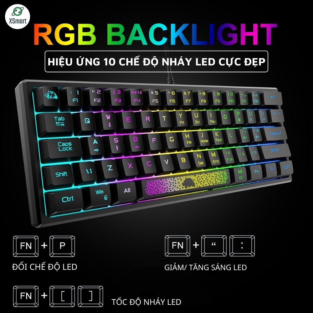 Bàn Phím Mini K61 LED RGB 10 Chế Độ Rainbow Cực Đẹp, Phím Bấm Êm, Thiết Kế Nhỏ Gọn, Dùng Cho Máy Tính, Laptop,PC -XSmart