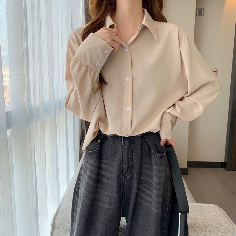 Áo Sơ Mi Chiffon Cổ POLO Dáng Rộng Màu Sắc Trơn Phong Cách Hàn Quốc Thời Trang Mùa Xuân Cho Nữ
