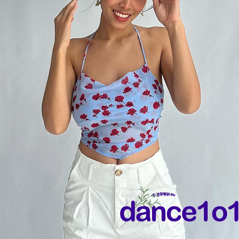 Áo Yếm Hở Lưng In Hoa Màu Xanh Dương Dùng Múa 1O1- Thời Trang Cho Nữ