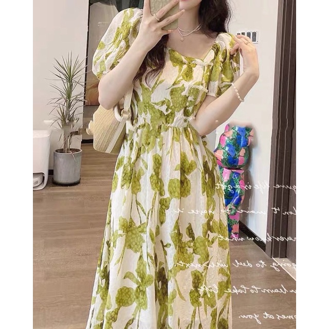 Đầm Chữ A Tay Phồng Họa Tiết Tranh Sơn Dầu Cổ Điển Thời Trang Hàn Quốc