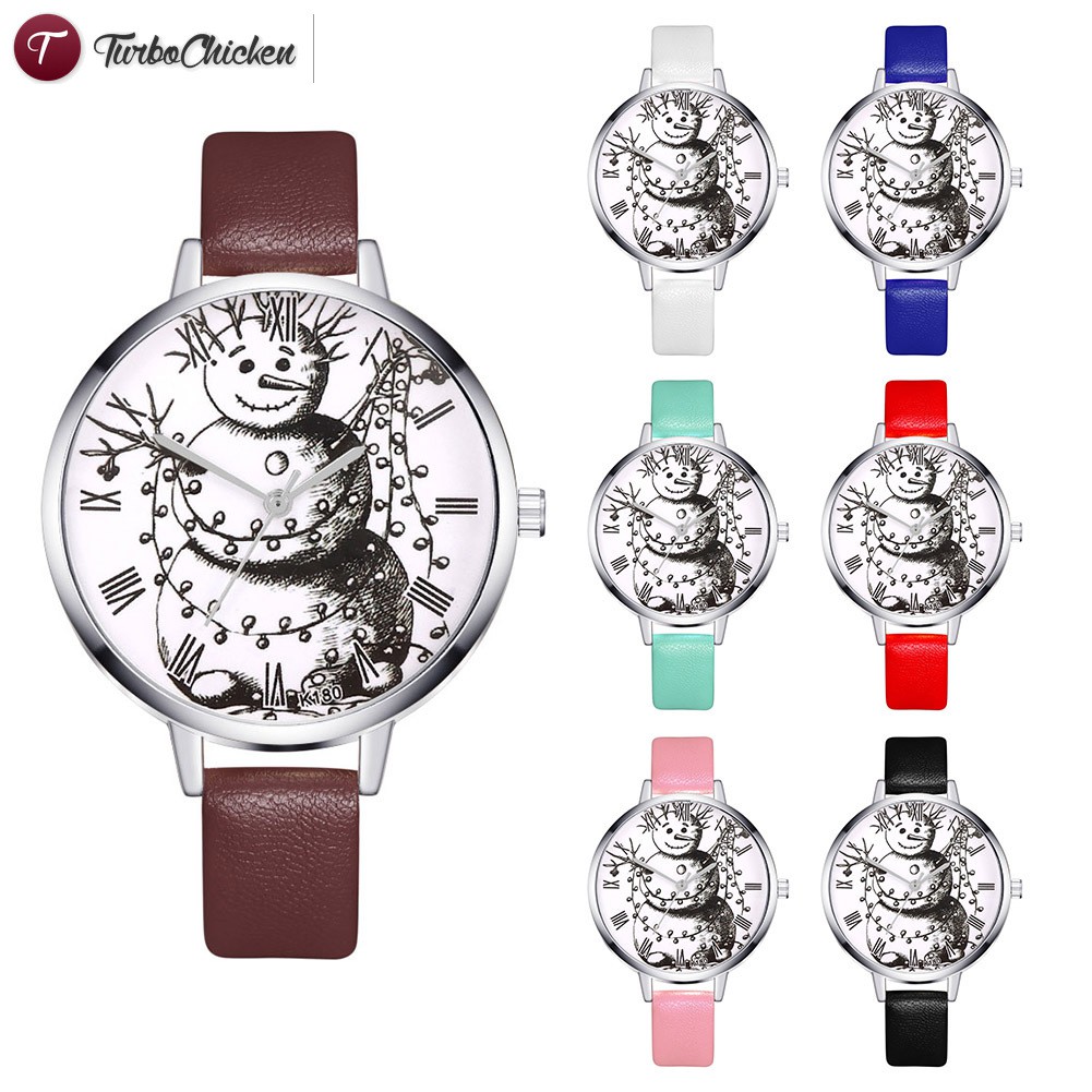 #Đồng hồ đeo tay# Cartoon Snowman Quartz Watches Round Dial Women Watches Faux Leather Strap Watch