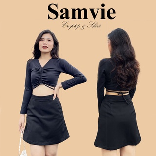 Áo croptop nữ tay dài kiểu ôm cột dây lưng cá tính chất vải dày dặn- Samvie