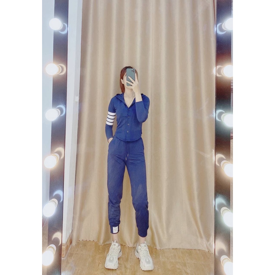 Set thể thao nữ hàng quảng châu áo phối vạch ở tay,quần dài bo gấu chất zip mềm mịn - bộ thu đông nữ