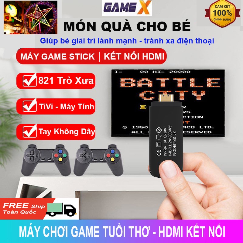 Máy chơi game cầm tay Stick HDMI, game 4 nút station 821 trò chơi trẻ em, tặng thẻ nhớ + 2 tay cầm không dây