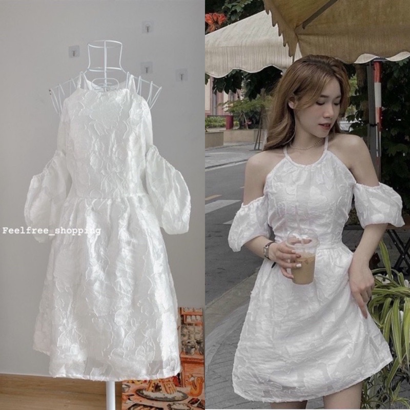 Đầm váy yếm rớt vai ngắn hoa nổi 2 lớp mặc đi chơi,đi tiệc,du lịch,đi làm,đám cưới,kỉ yếu (HÌNH THẬT)