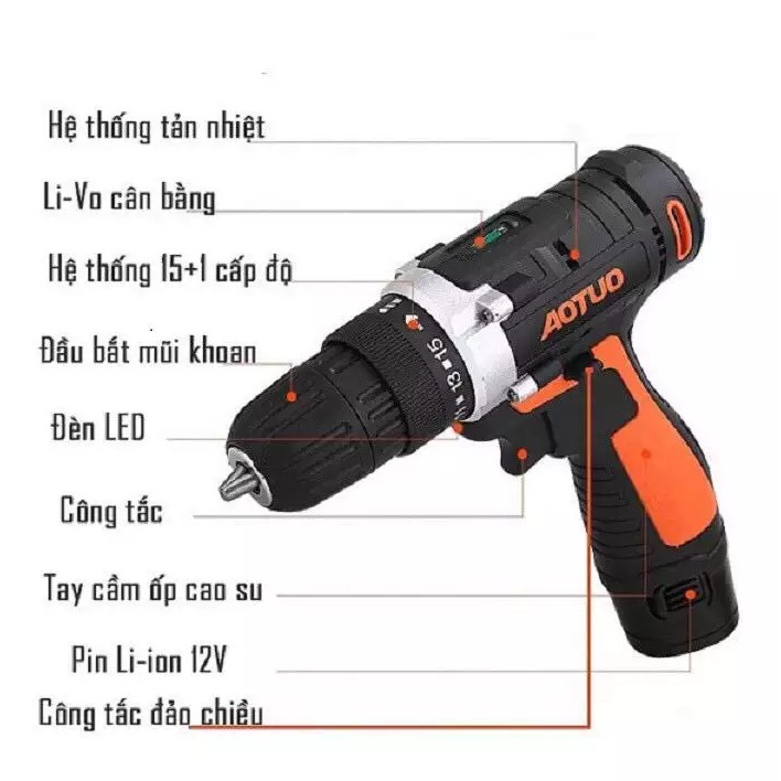 Bộ Máy Khoan Văn Vít Không Dây 12V - Có Đảo Chiều Tặng Kèm Đầu Vặn Vít