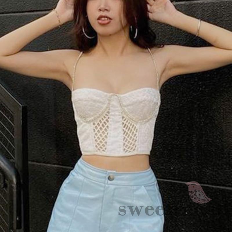 Áo Hai Dây Đính Hạt Cổ Thấp Thời Trang Cho Nữ