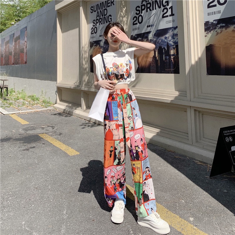 COD 2pcs Women Suit Fashion Sleeveless T Shirt Crop Tops Graffiti Printed Wide Leg Pants