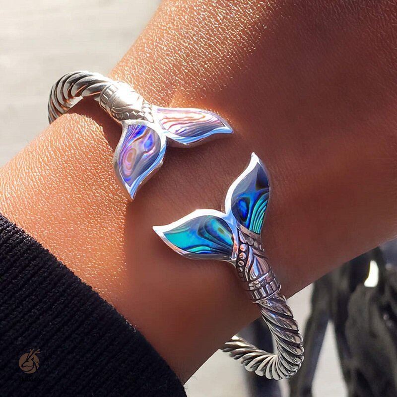 Abalone Shell and Mermaid Tail Bangle Bracelet Adjustable Open Hand Chain for Women Girls