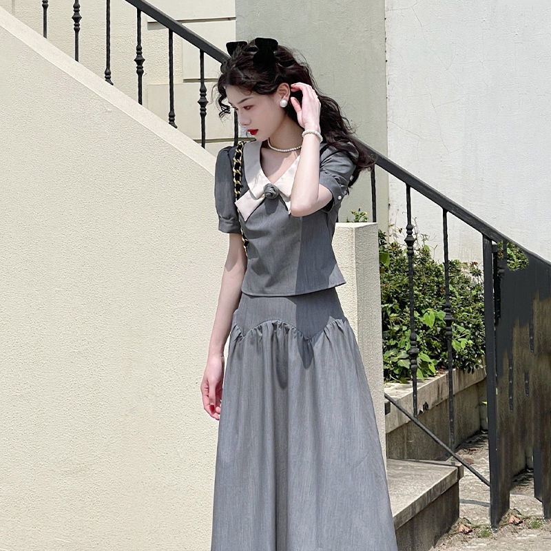 Sweet cool girl age reduction haze gray suit 2022 new bow tie jacket half skirt two suit women