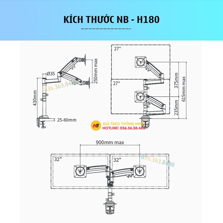 NB H180 + NB FP2 / ErgoTek EZ4 / Giá Đỡ , Kẹp Latop - Máy Tính Bảng 10 - 17 Inch / Giá Treo Màn Hình 22 - 32 Inch