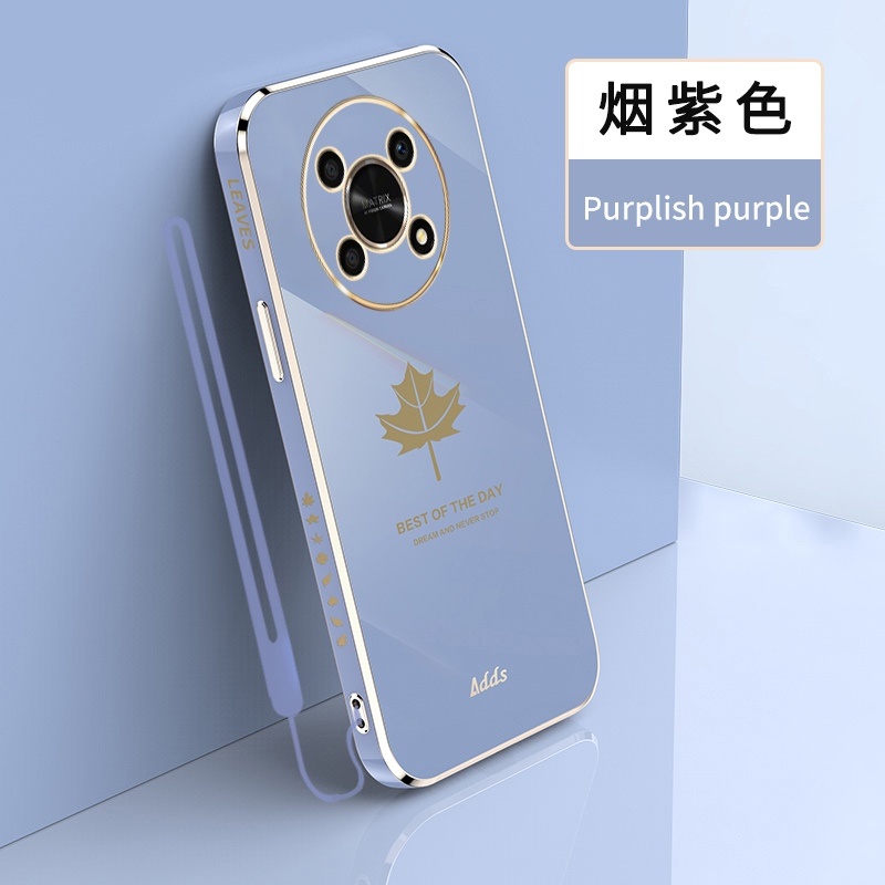 Ốp Điện Thoại Mềm Mạ Điện Siêu Mỏng Chống Rơi In Họa Tiết Lá Phong Kèm Dây Đeo Cho Honor X9a X8a X7a X6 X8 X9 70 5G 4G