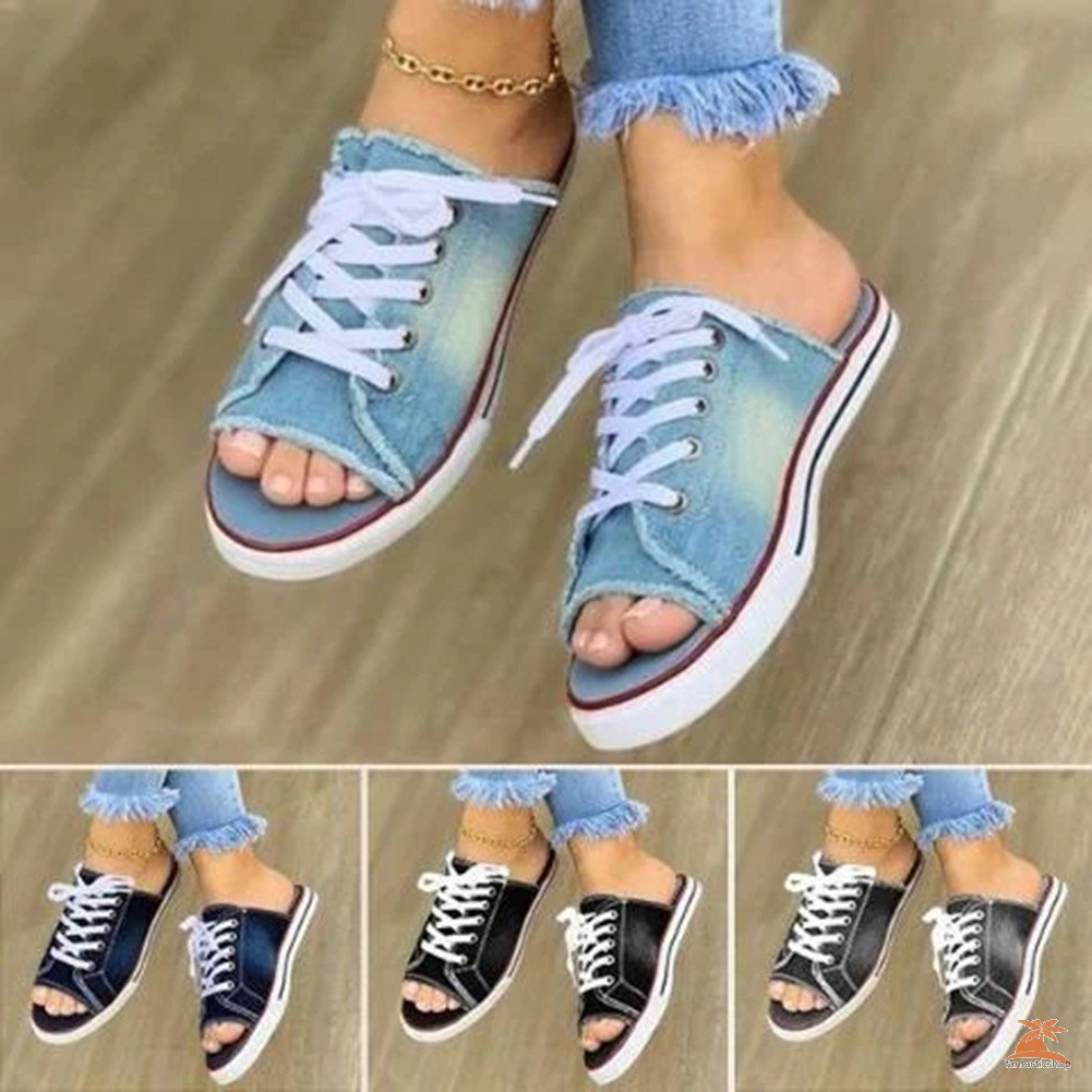 #dep Lê# Women Sandals One Pedal Canvas Slippers Comfortable Flat Sandals for Summer Party