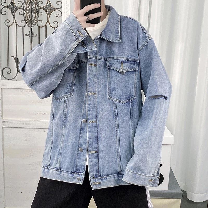 Áo Khoác Jeans Nam Nữ Denim Jacket hàn quốc trơn rách tay màu xanh