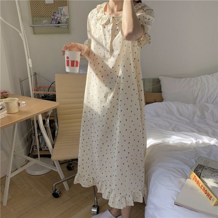 (Spot) 2022 Korean Princess Nightdress Doll Collar Fashion Home Clothes Long Print Pajamas