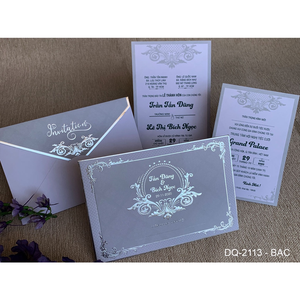 Thiệp cưới vuông ngang ép kim 3d 2113
