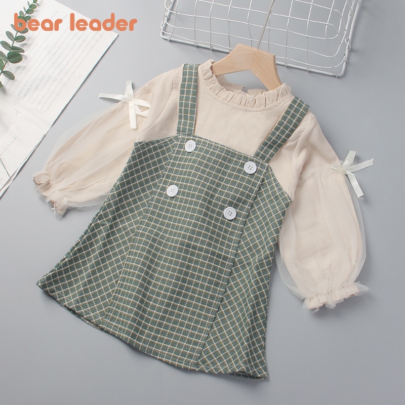 BEAR LEADER Bộ Đầm Công Chúa Hai Dây Họa Tiết Kẻ Ô Thanh Lịch Dành Cho Bé Gái 2-6 Tuổi