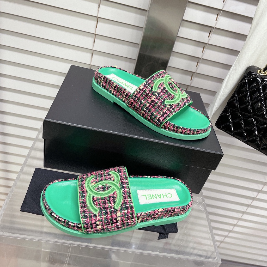 Dép nữ da thật thời trang cao cấp 𝘾𝙝𝙖𝙣𝙚𝙡 𝘾𝙝𝙖𝙣n𝙚𝙡 CN thiết kế dạ tweed, phong cách cá tính