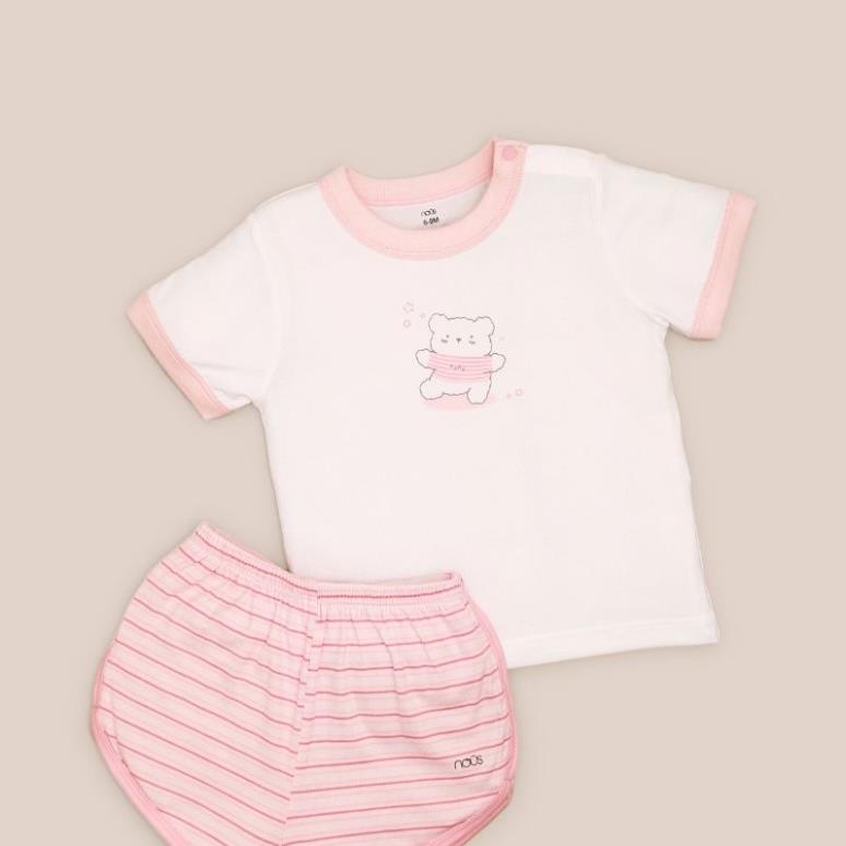 Bộ Quần Áo Cộc Tay Cài Vai Hoa Tiết Xanh Hồng Cao Cấp Nous- Cho Bé Trai Bé Gái ( size 9M-3Y)