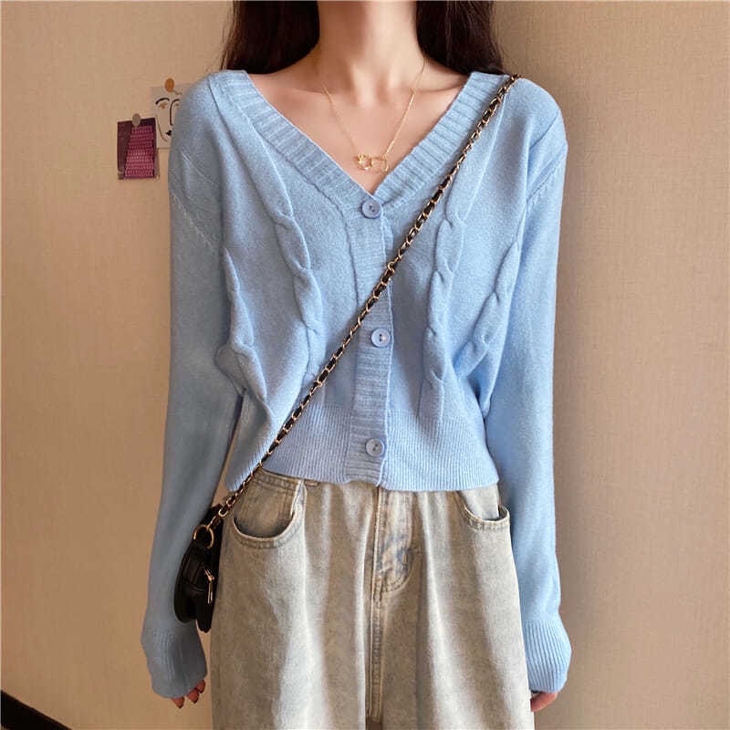 Áo Khoác Cardigan Dệt Kim Cổ Tim Xinh Xắn Cho Nữ Chất Len Tăm Phong Cách Ulzzang Hàn Quốc Nhiều Màu