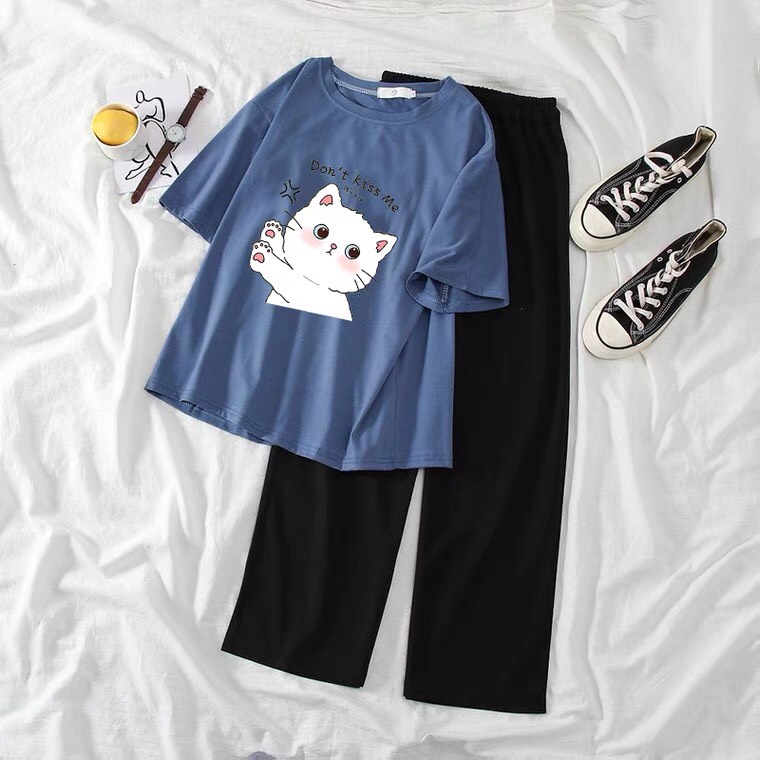 Sét Áo Kiss me + quần suông trơn, Áo thun from rộng, Chất đẹp không xù, quần suông ống rộng, Sét bộ mặc ở nhà - MODY