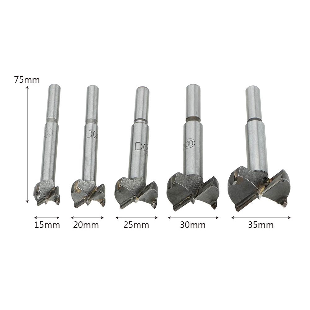Bộ 5 mũi khoan khoét lỗ trên gỗ, nhựa 2 cạnh size 15mm 20mm 25mm 30mm 35mm