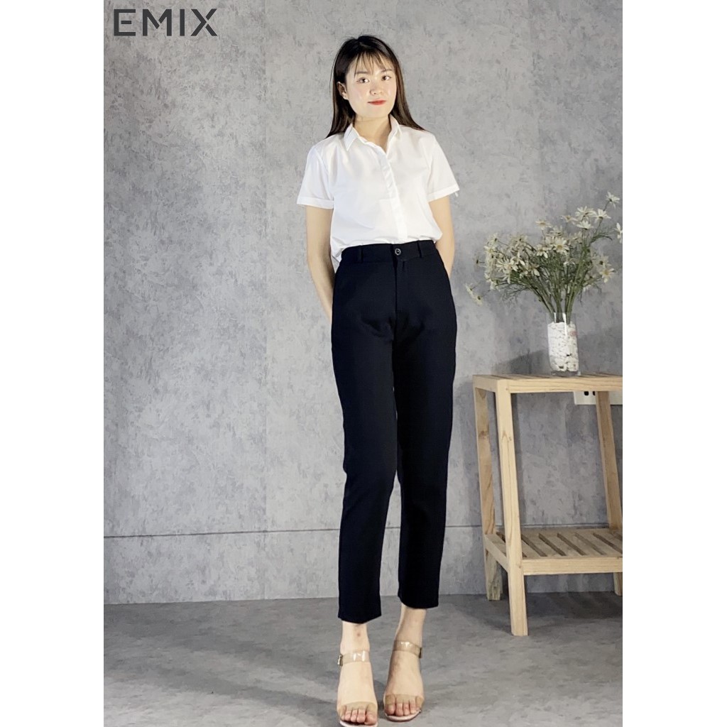 [Mã FAMALLT5 giảm 15% đơn 150k] Mix quần baggy lưng chun đen và áo sơ mi cộc tay trắng EMIX