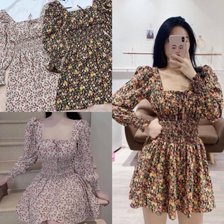 Đầm hoa cổ vuông bo chun eo du lịch đi biển dạo phố cực xinh