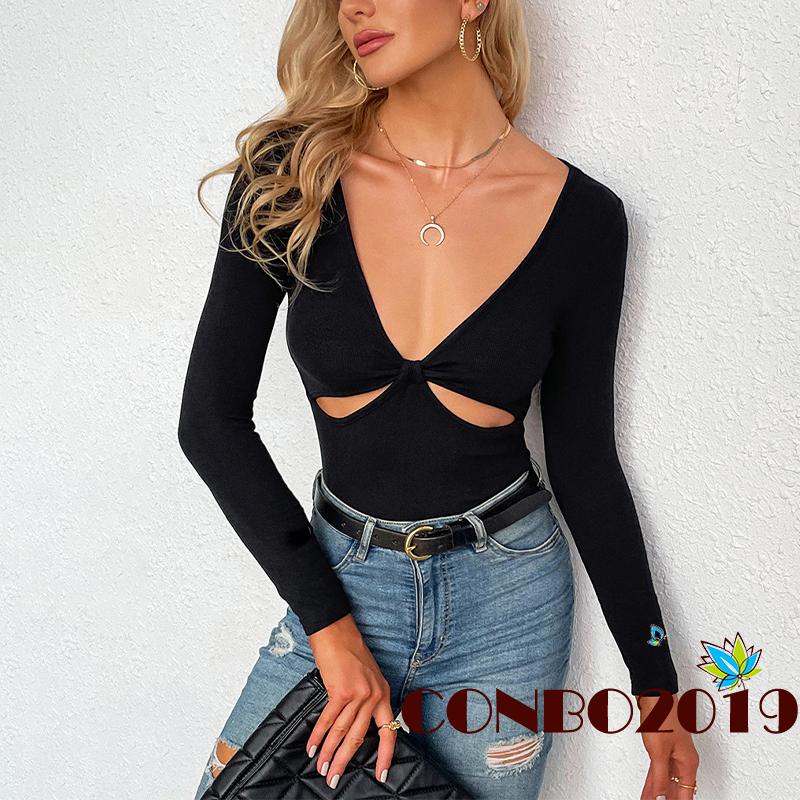 HGM-Women´s T-Shirt Solid Color Long Sleeve V-Neck Design Hollow Slim Fit Versatile Casual Tops