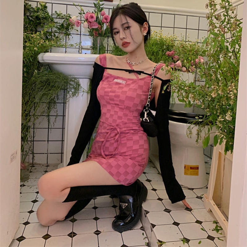 Váy Hai Dây Kẻ Ca Rô Váy Ôm Eo Khăn Choàng Thắt Nơ