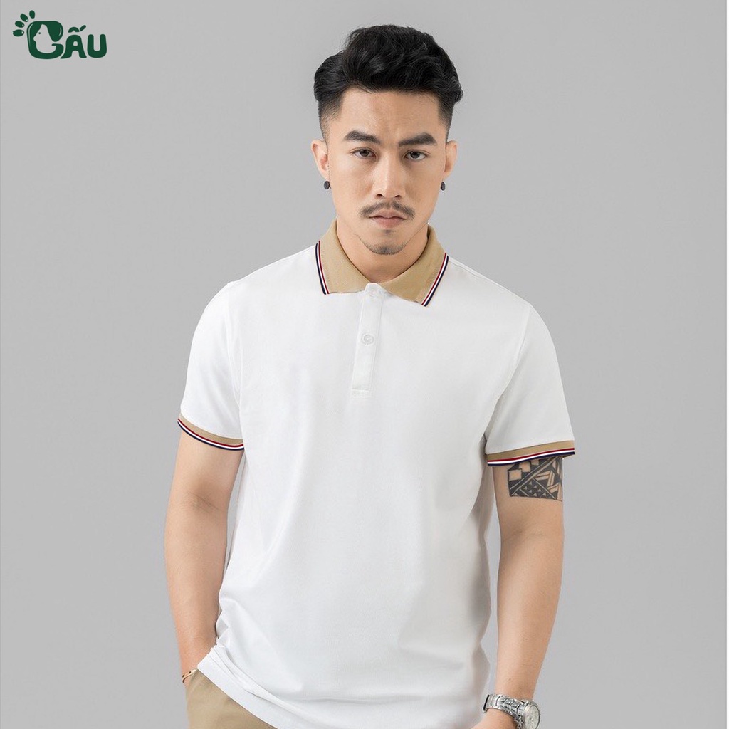 Áo thun Polo GẤU 194 Trơn Unisex vải cá sấu Poly co dãn 4 chiều dày dặn form gerular fit - PL Viền Ca Cao