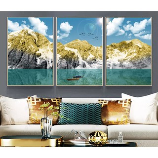 Bộ 3 tranh treo tường hiện đại VTC phong cảnh núi và biển chất liệu bóng kính hoặc vải canvas ooopic_23046375