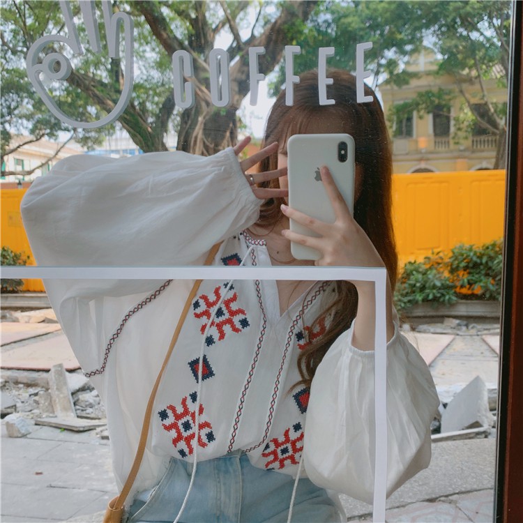 Áo ulzzang sơ mi tay bồng họa tiết (ảnh thật ở cuối)