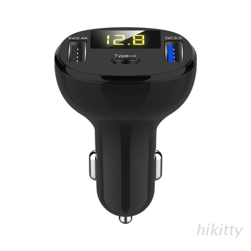 HIK 12V 24V Auto Boat Dual USB Port QC 3.0 Type C Car Charger LED Voltmeter Mobile Phone Charging Adapter for Smartphone GPS Tablet